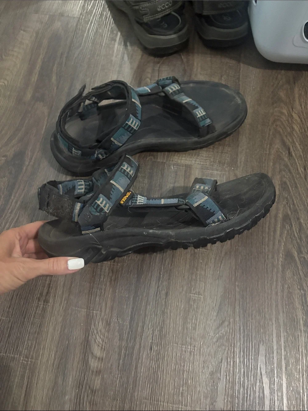 Teva Men's Black Sandals with Blue Patterned Straps
